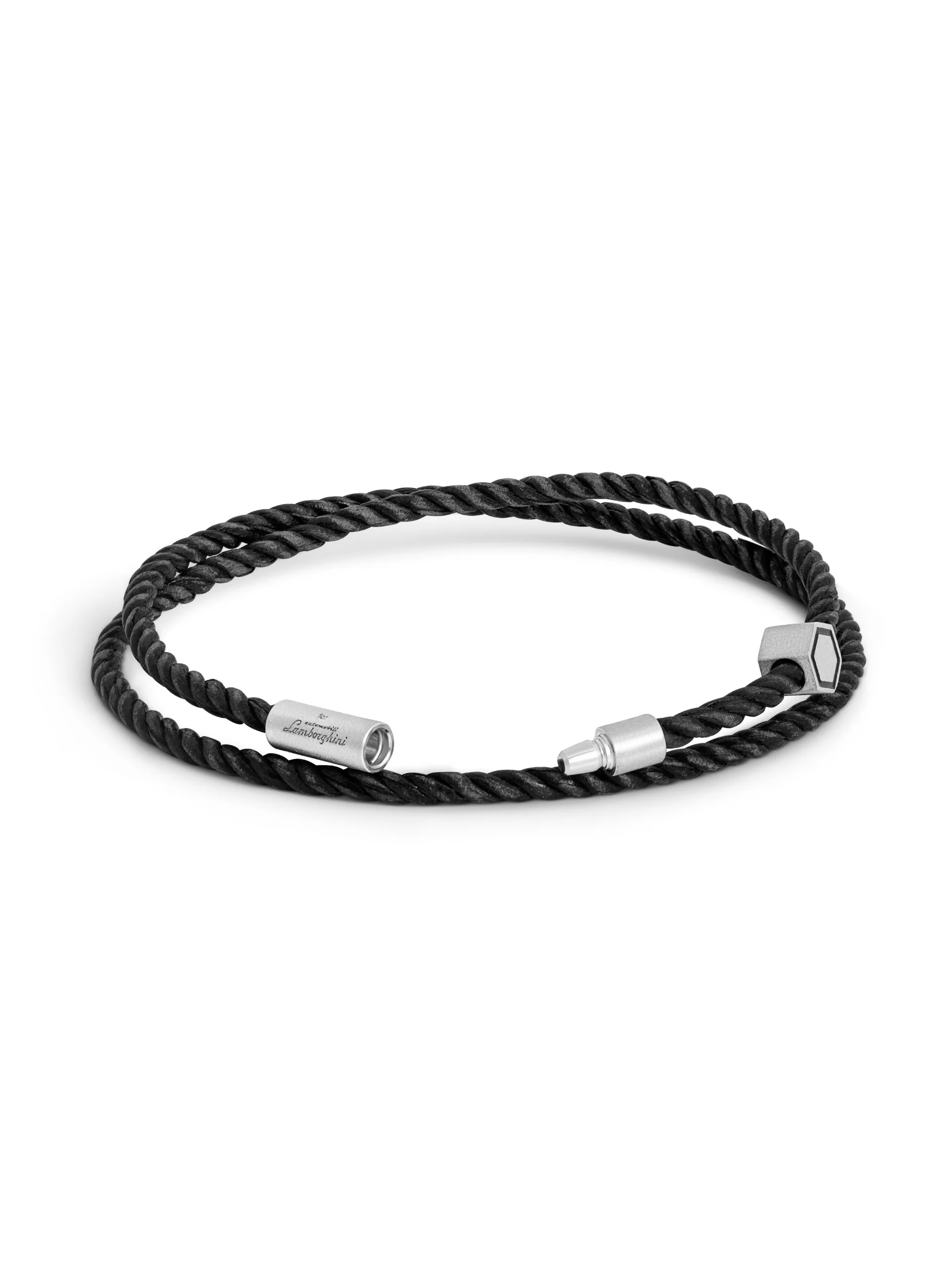 Rhodium and black leather bracelet - Image 3